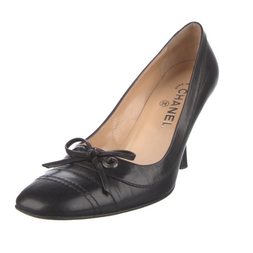 CHANEL Brown Leather Bow Pumps Heels 6.5